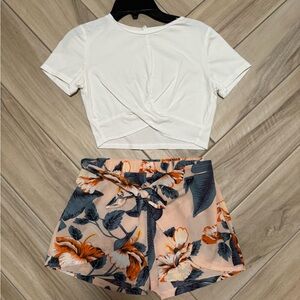 Girls White Twist Front Crop Top with Peach Floral Tie-Waist Shorts